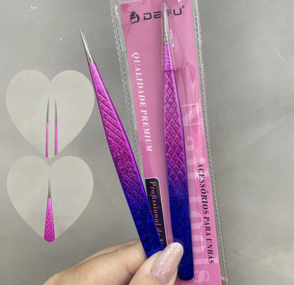 Pinça ponta fina em aço inox rosa e azul - Dafu