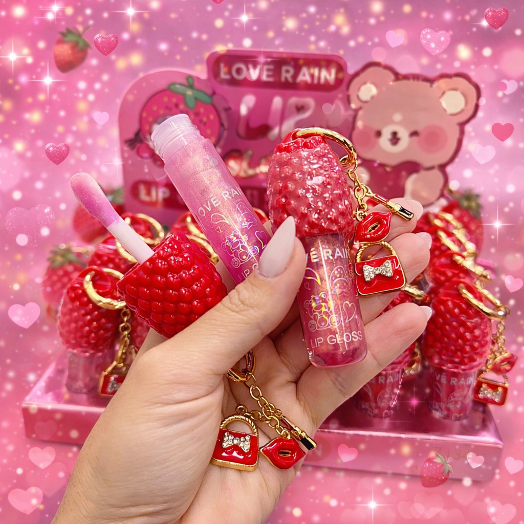 Lip Gloss de Morango com Chaveiro e Pingente - Love Rain 