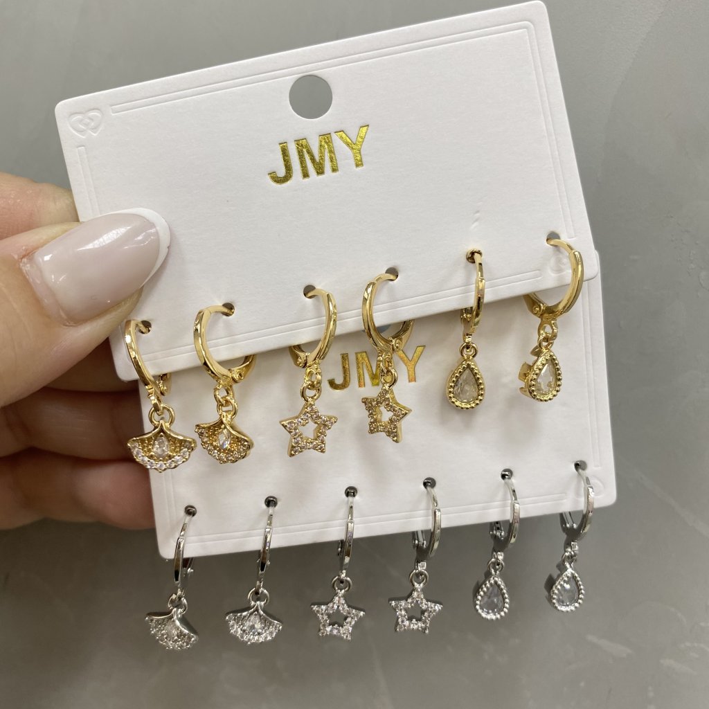 Trio de argolas pequenas bijoux fina modelo leque, estrela e gota ✨