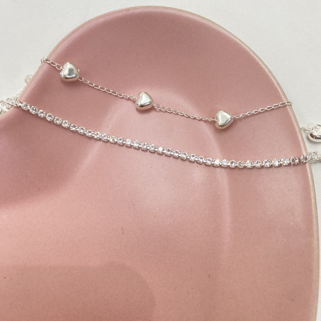 Pulseira duo prata folheado fio cravejado e coração ✨