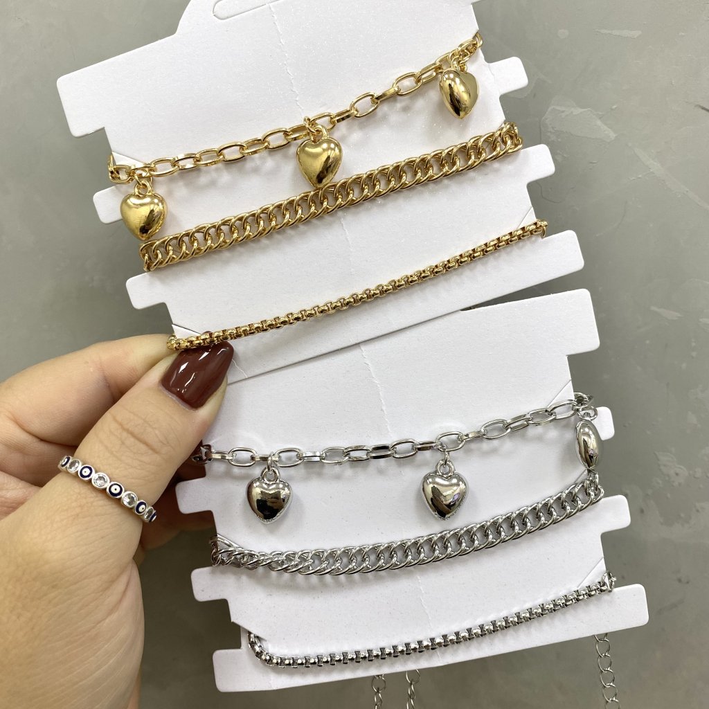 Kit com 3 pulseira bijoux fina modelo coração ✨