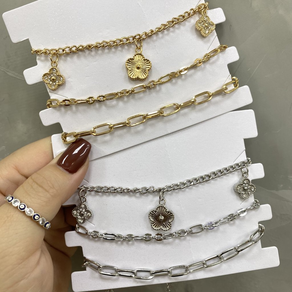 Kit com 3 pulseira bijoux fina modelo flor ✨