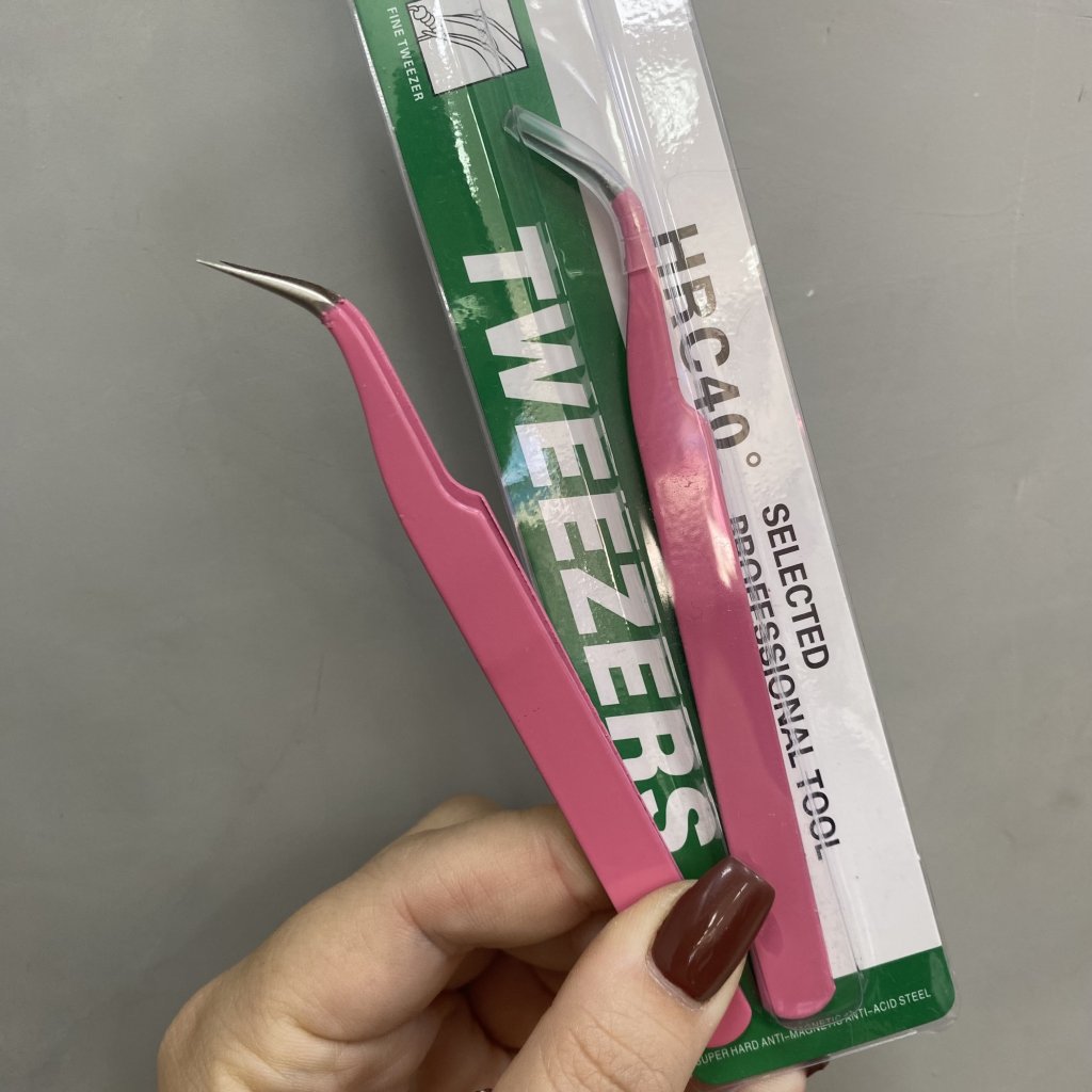 Pinça em aço inox rosa modelo ponta curvada e fina HRC40 - Tweezer