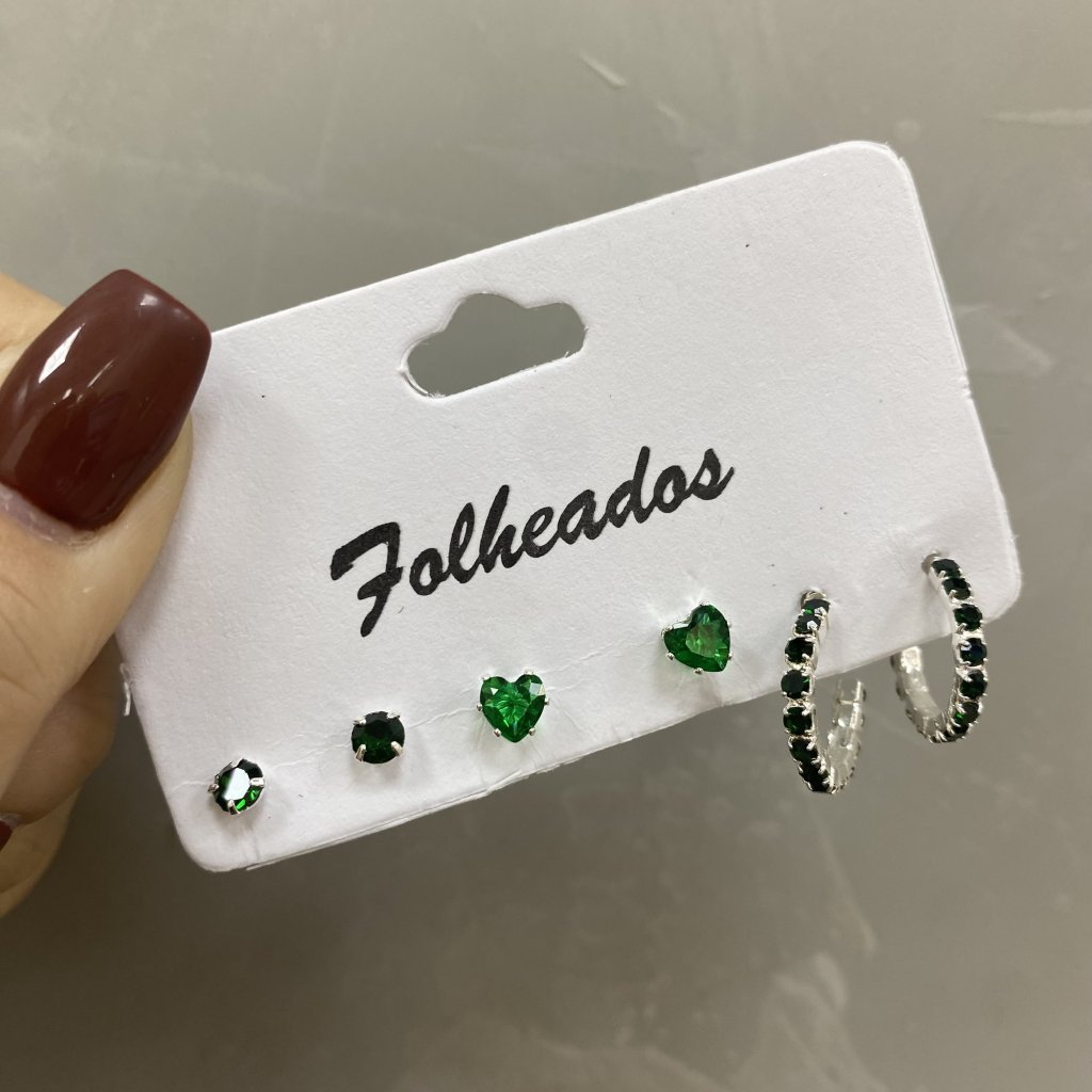 Trio de brinco prata folheado ponto de luz, coração e argolinha (Verde) 💚