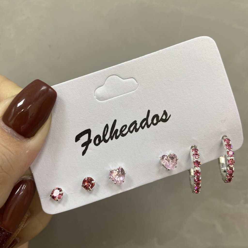 Trio de brinco prata folheado ponto de luz, coração e argola (Rosa) 💗