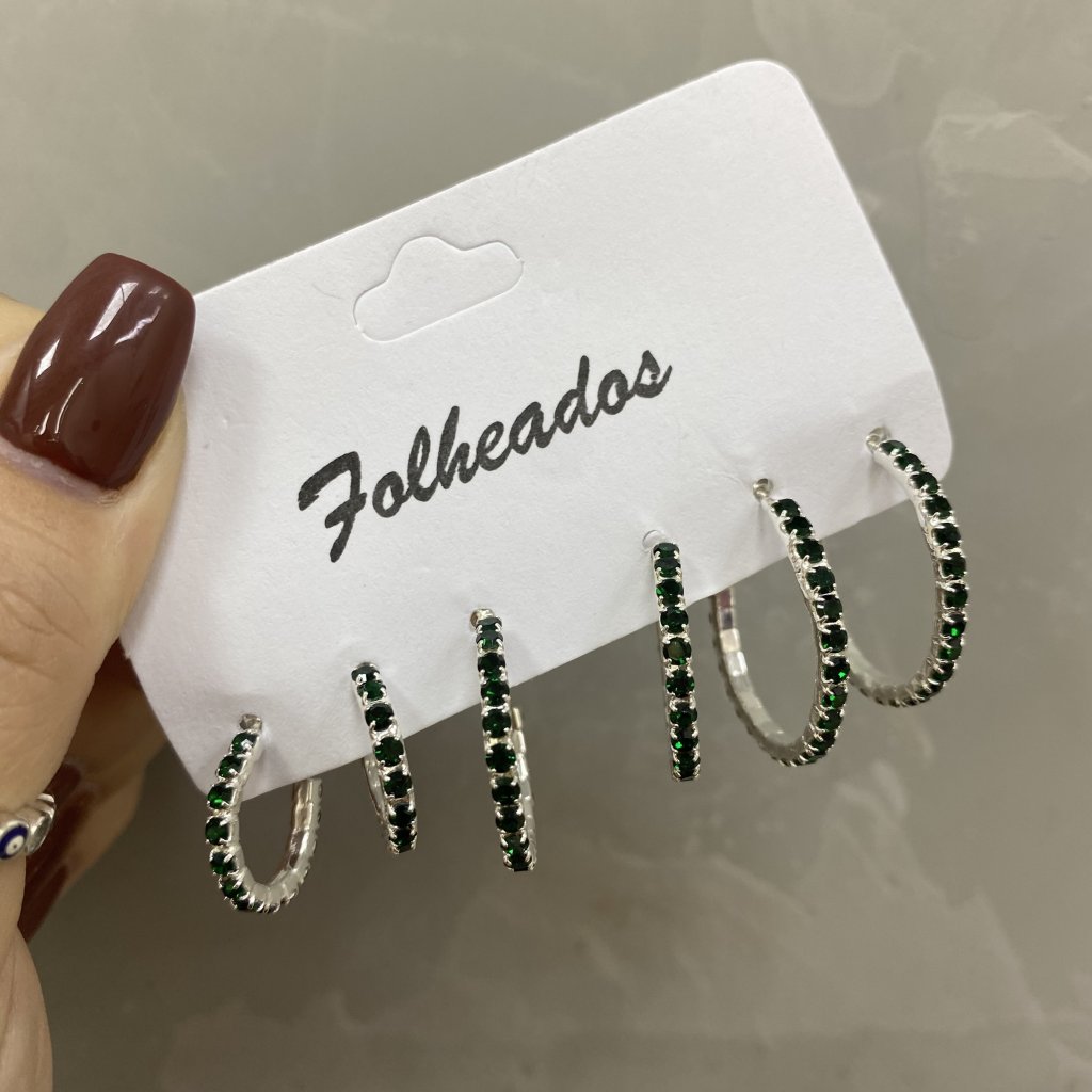 Trio de argolas prata folheado (verde) 💚