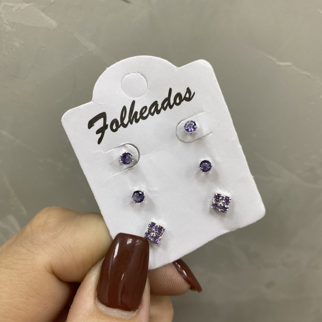 Trio de brincos prata folheado mini ponto de luz e quadradinho (lilás) 💜