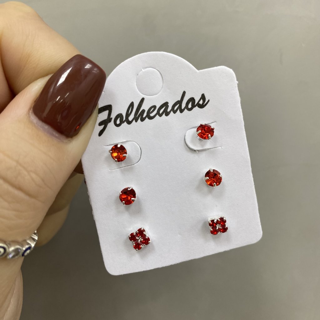 Trio de brincos prata folheado mini ponto de luz e quadradinho (vermelho) ♥️