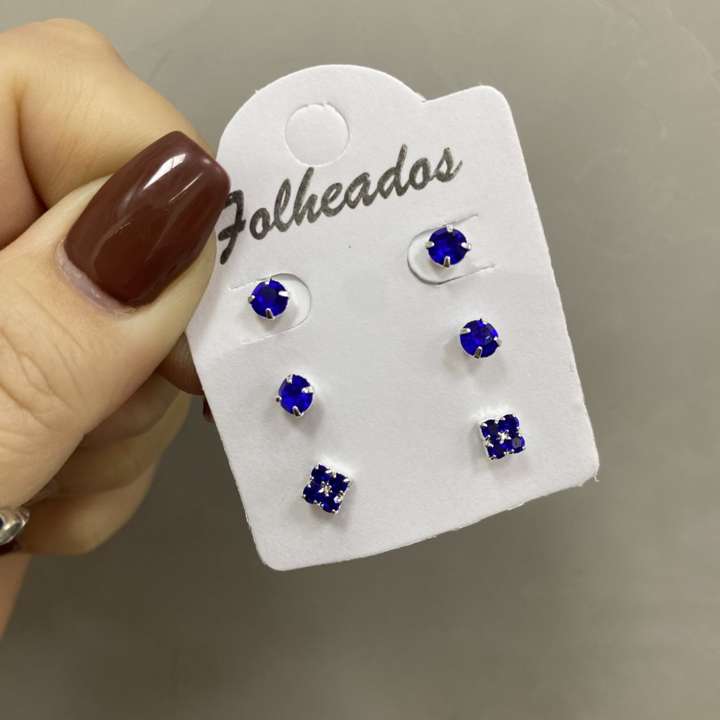 Trio de brincos prata folheado mini ponto de luz e quadradinho (azul) 💙