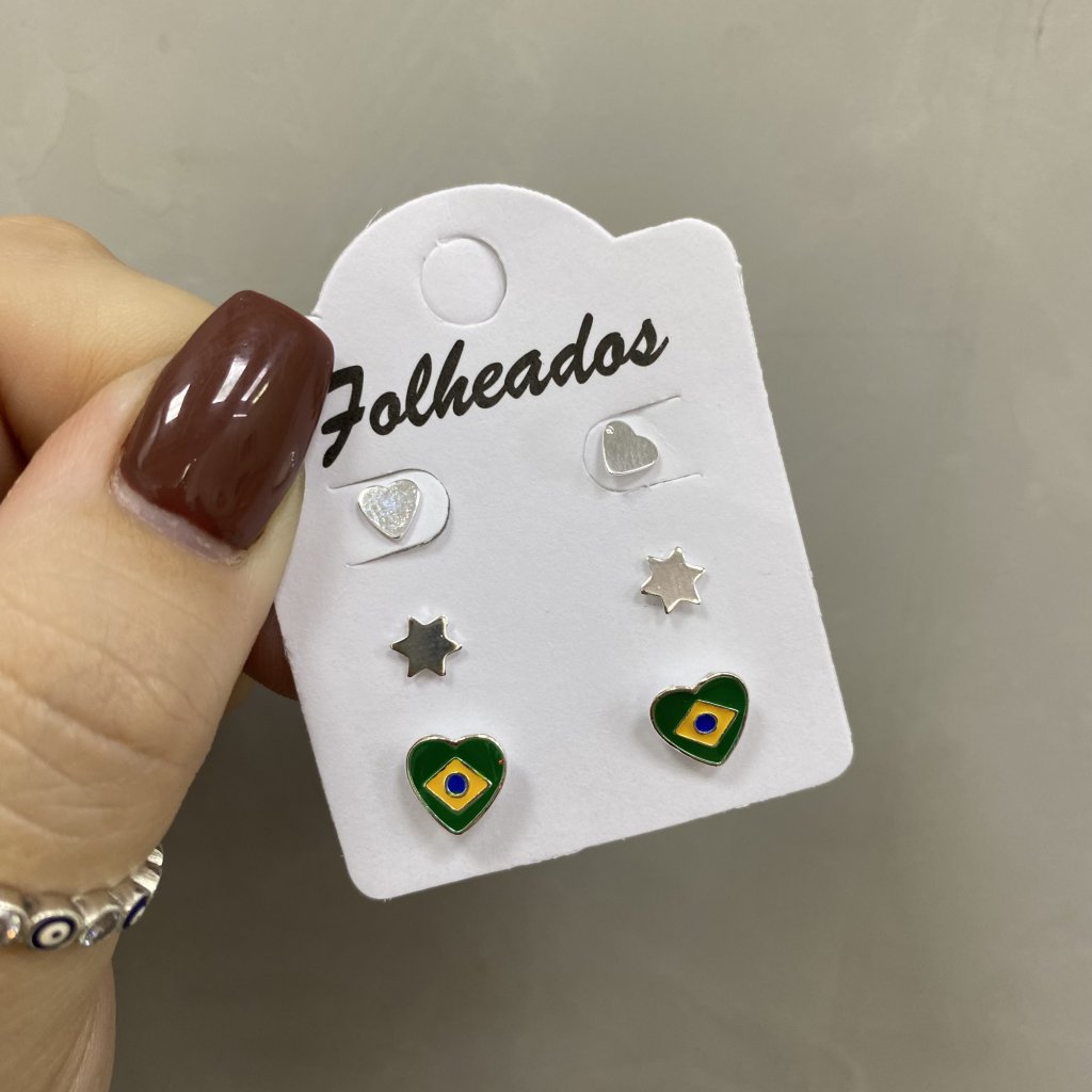 Trio de brincos prata folheado coração, estrela e coração Brasil 🇧🇷 