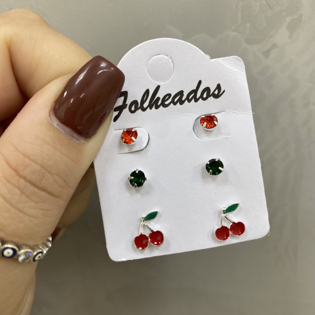 Trio de brincos prata folheado mini ponto de luz vermelho e verde, cereja 🍒 