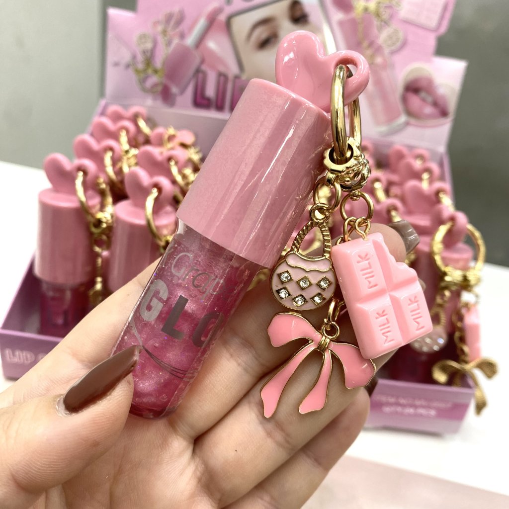 Lip gloss labial mágico + chaveiro laço e chocolate - Pink Grape