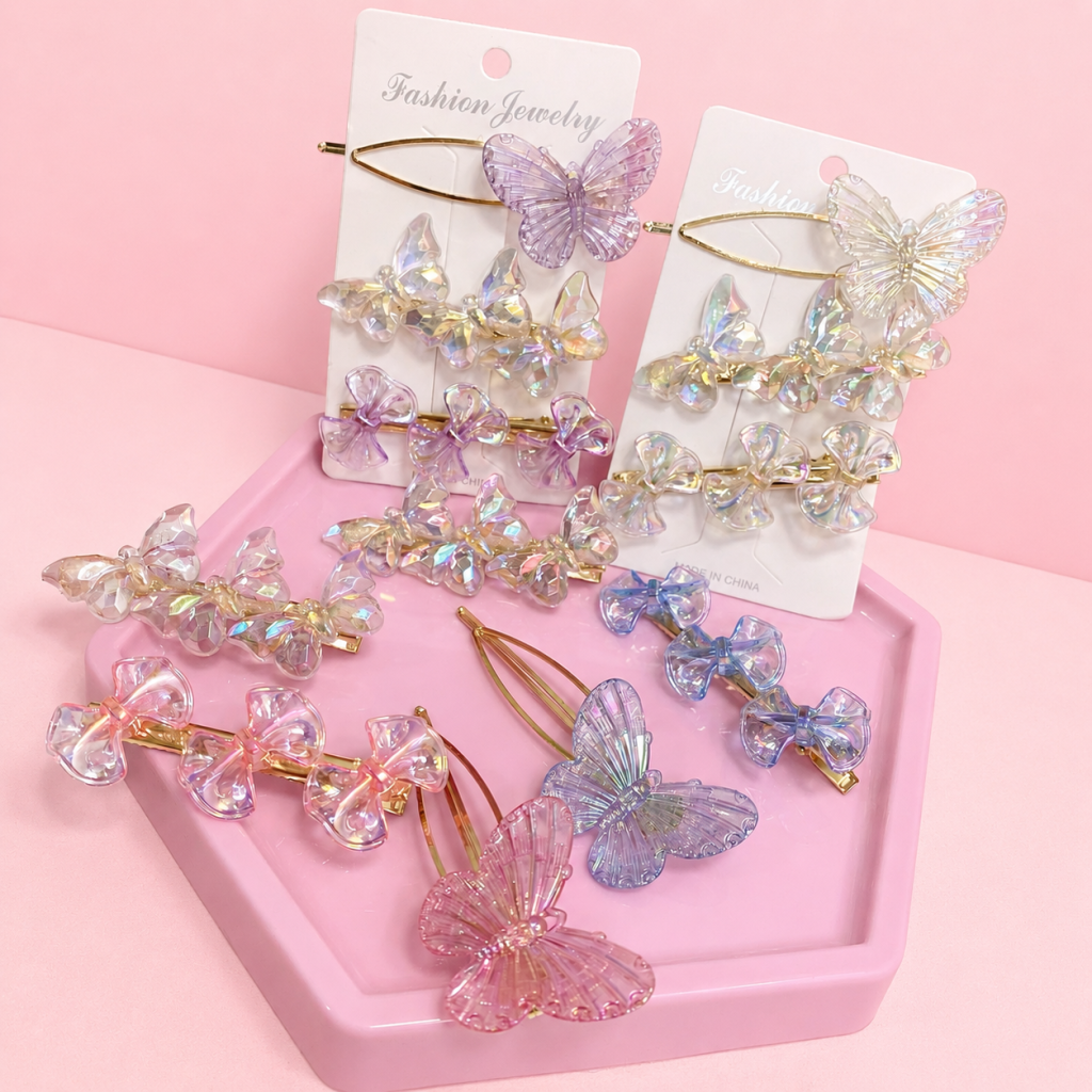Kit com 3 presilha borboletas e laço holográfico 🦋✨