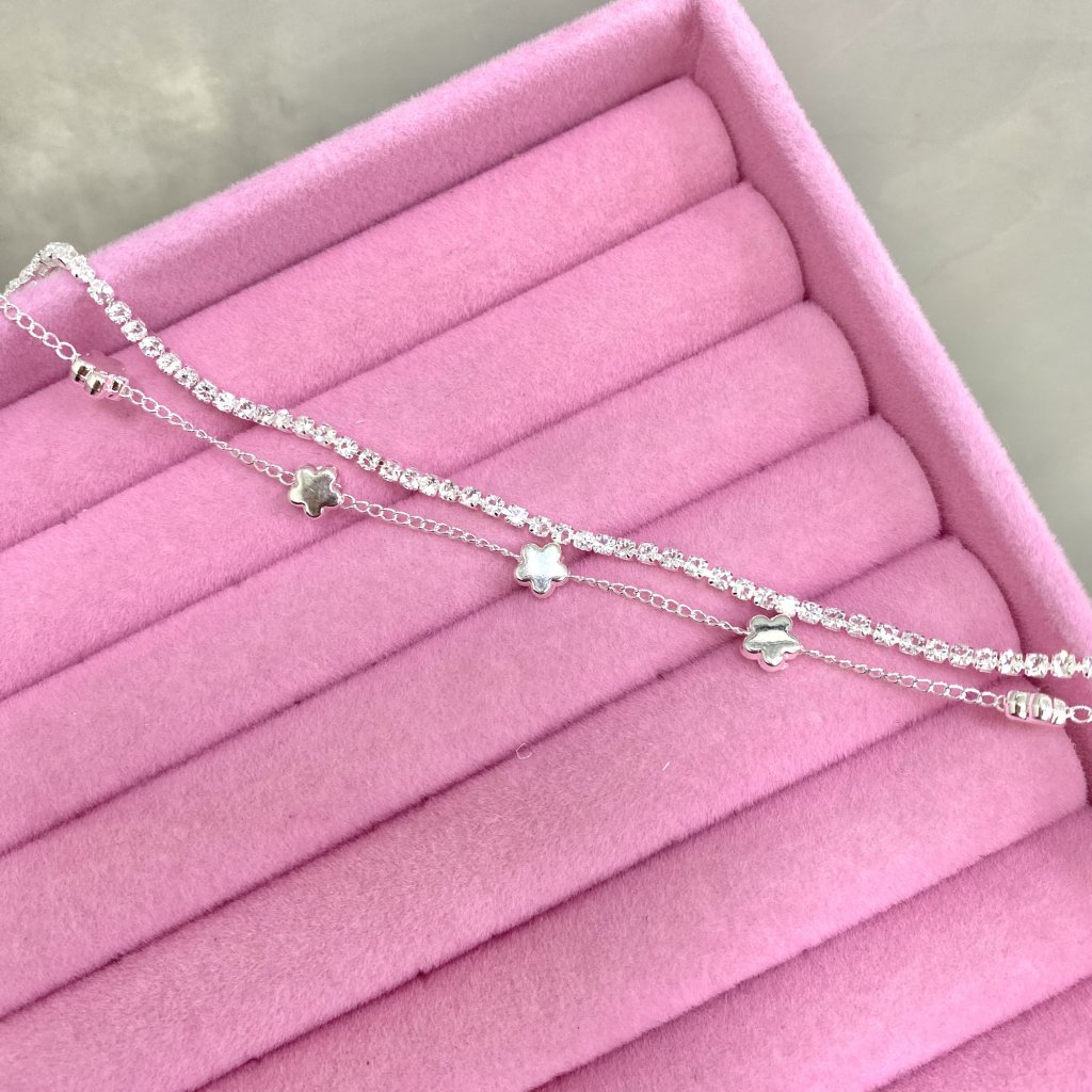 Pulseira duo prata folheado fio cravejado e estrelas ✨