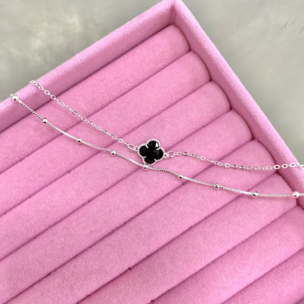 Pulseira duo prata folheado fio c/mini bolinha e flor da sorte ✨