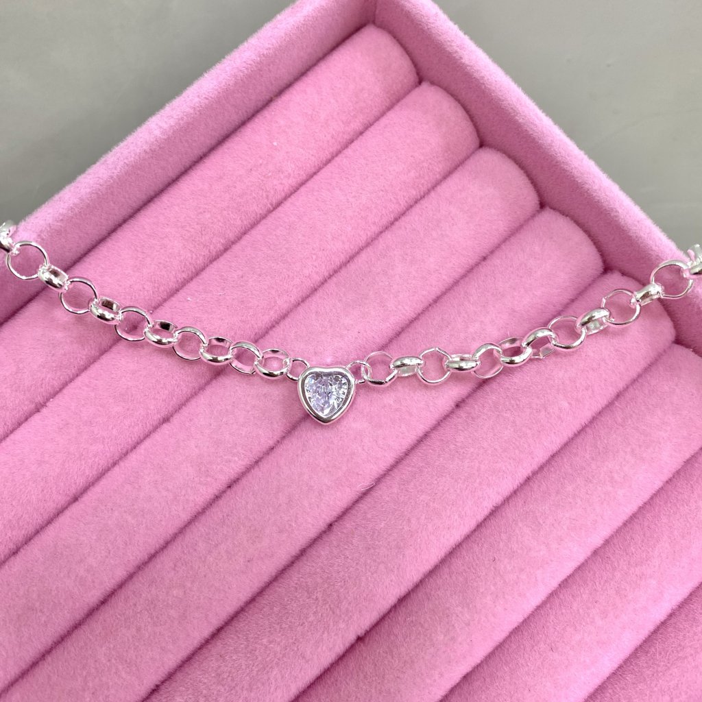 Pulseira prata folheado elos redondos e coração ✨