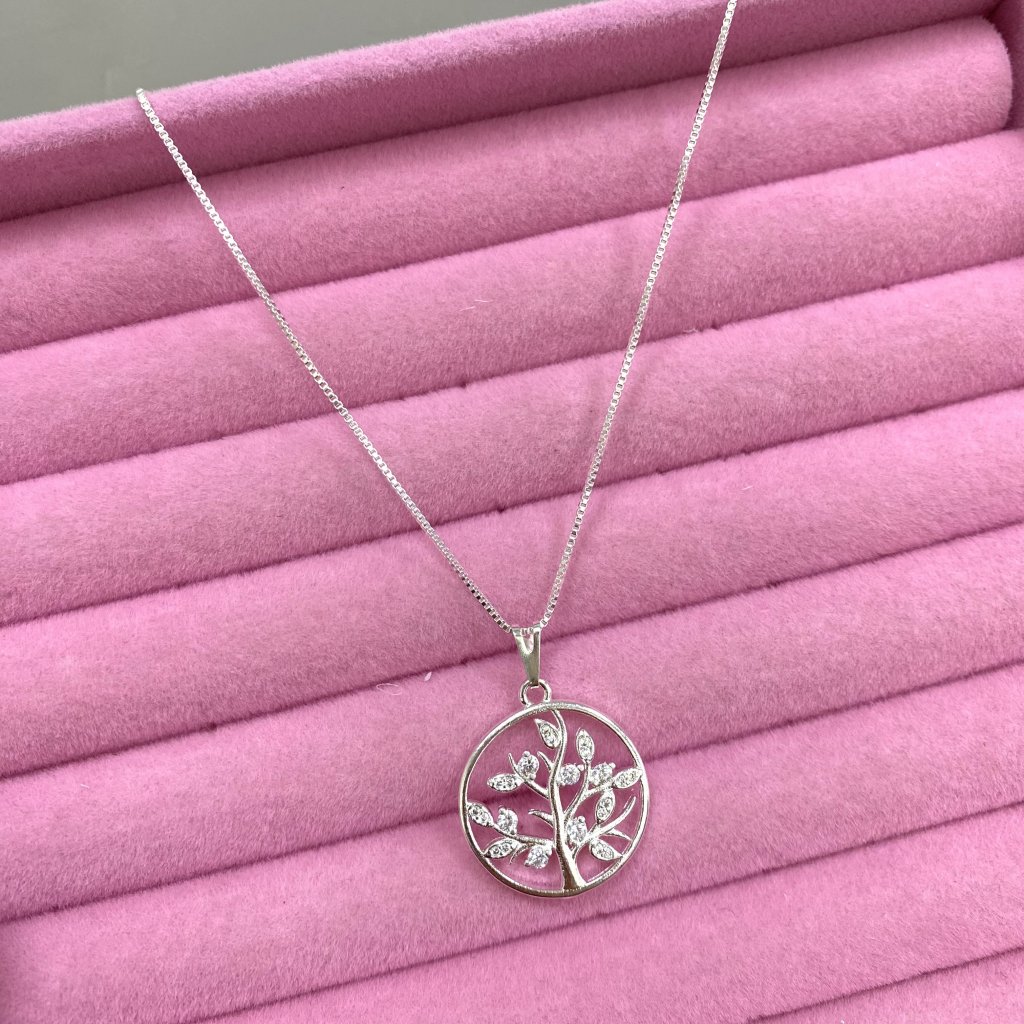 Colar prata folheado pingente medalha árvore da vida cravejado ✨