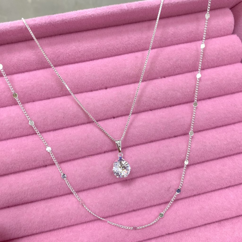 Colar duo prata folheado ponto de luz e fio bolinha achatada ✨