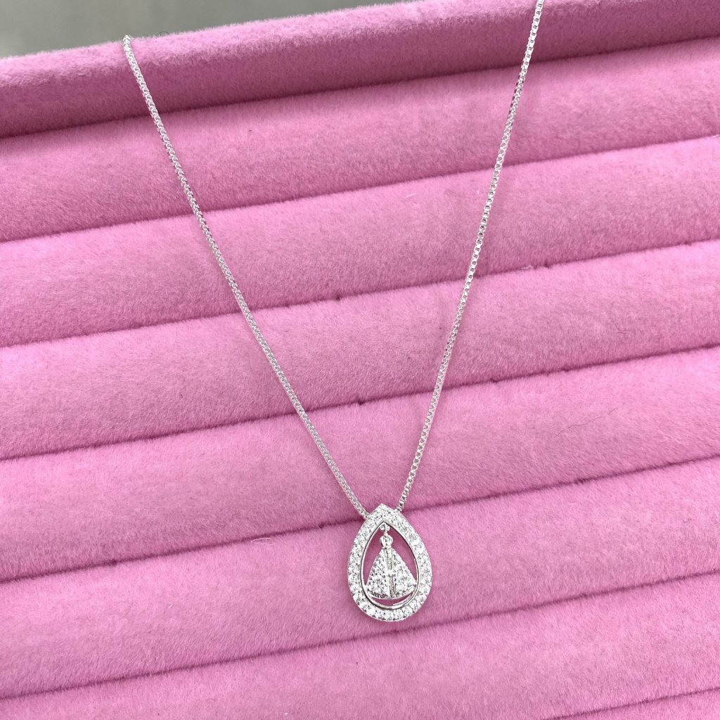 Colar prata folheado pingente gota e nossa senhora de aparecida cravejada ✨