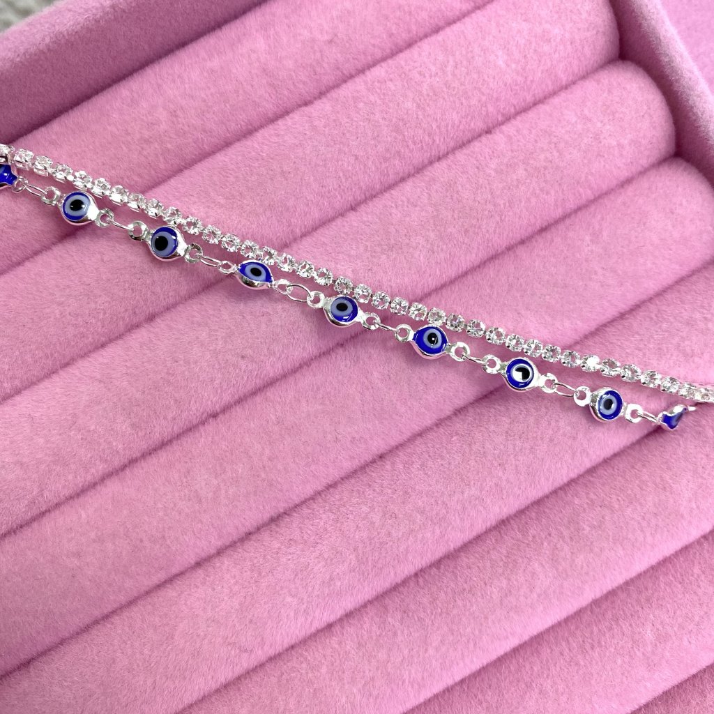 Pulseira duo prata folheado fio cravejado e mini olho grego ✨