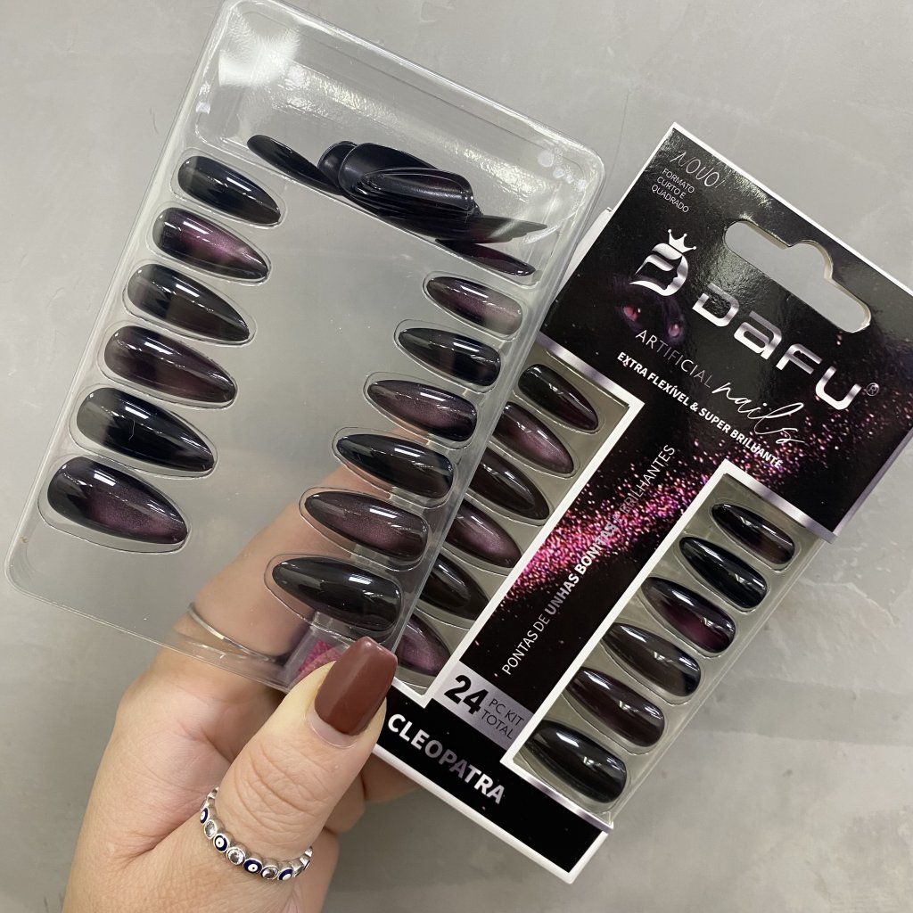 Unha Postiça Almond 24pçs Preto E Efeito Imã Rosa - Dafu UP0198