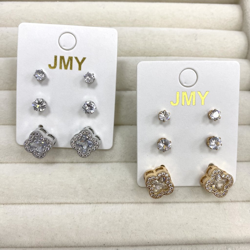 Trio de brincos bijoux fina duo ponto de luz e flor cravejada ✨