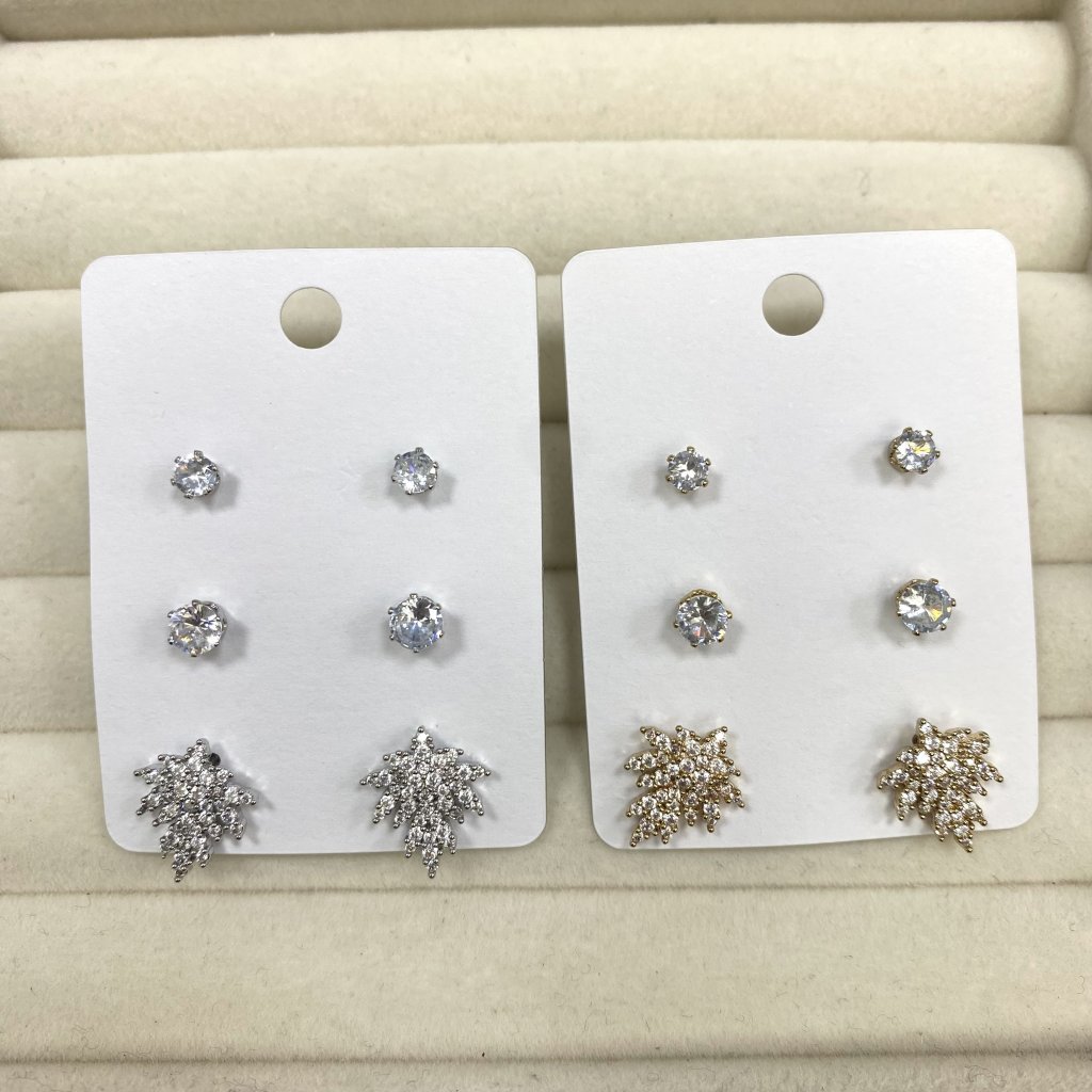 Trio de brincos bijoux fina duo ponto de luz e folha cravejada ✨