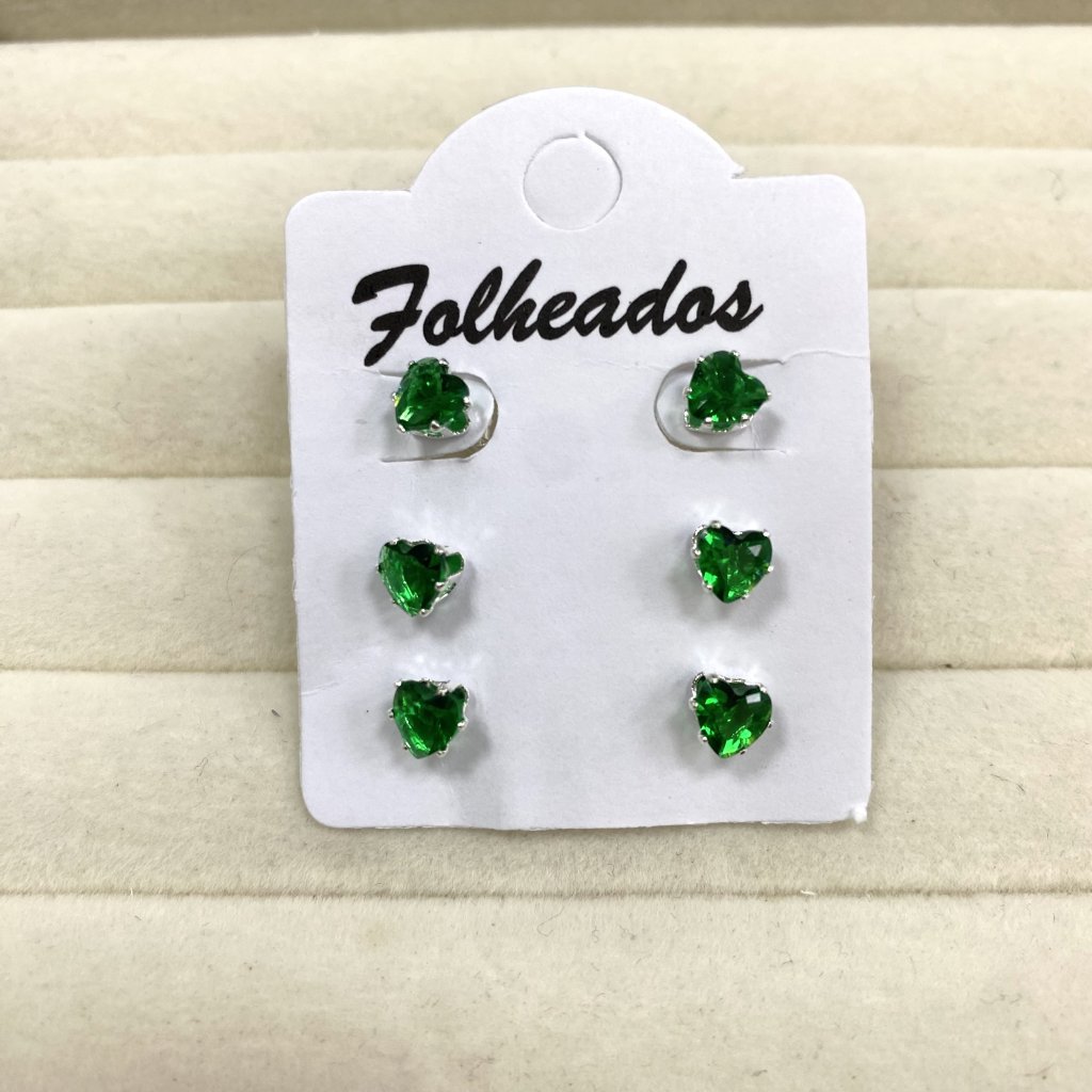 Trio de brincos prata folheado coração pequeno (Verde) ✨