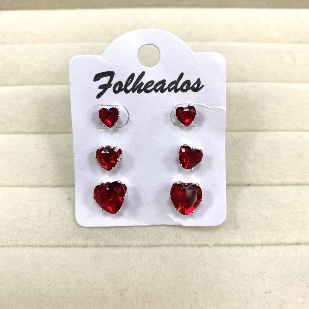 Trio de brincos prata folheado coração Vermelho ♥️ 