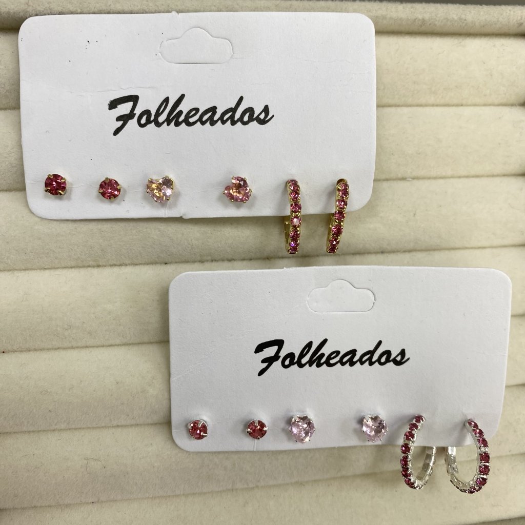 Trio de brincos folheado ponto de luz, coração e argolinha Rosa 💗