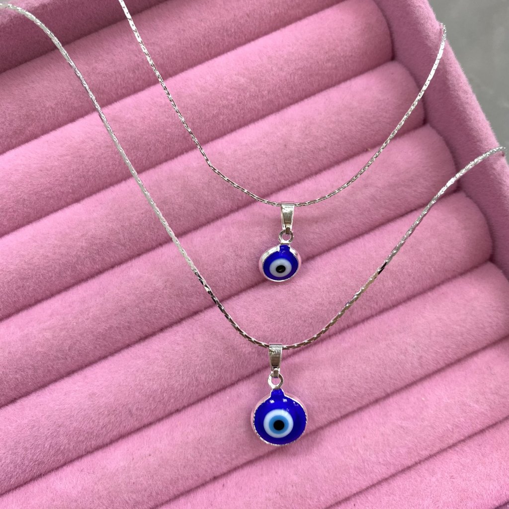 Colar duo prata folheado pingente olho grego azul escuro ✨