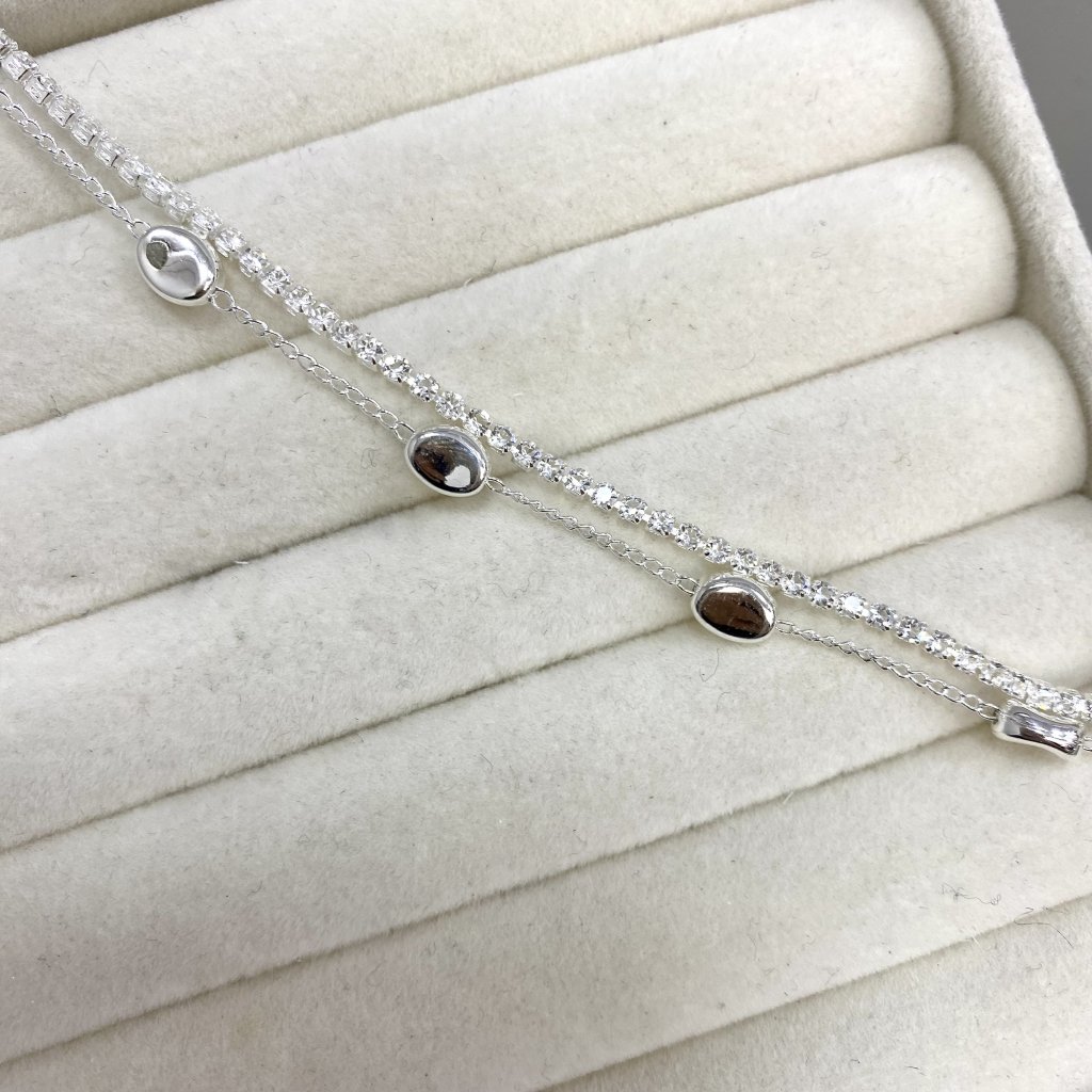 Pulseira duo prata folheado fio cravejado e pedra oval achatada ✨