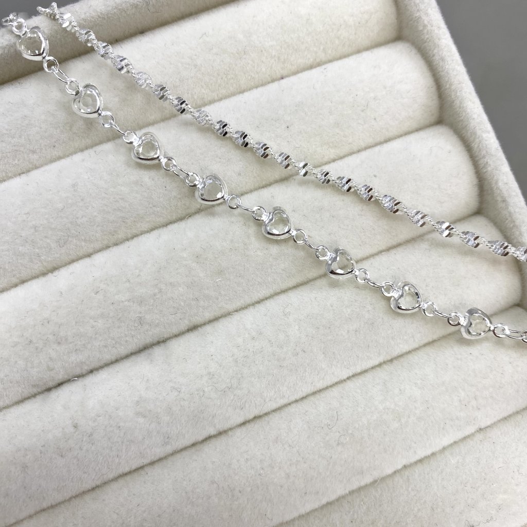 Pulseira duo prata folheada fio torcido e coração ✨