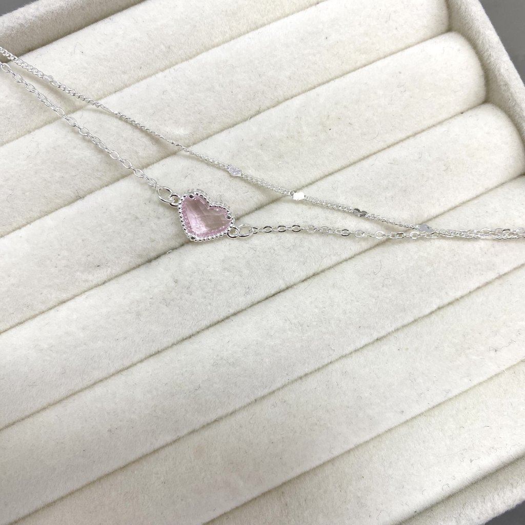 Pulseira duo prata folheado fio mini coração e coração rosa 🩷 