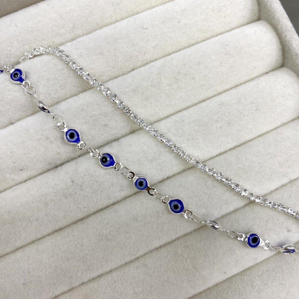 Pulseira duo prata folheado mini olho grego azul e fio cravejado ✨