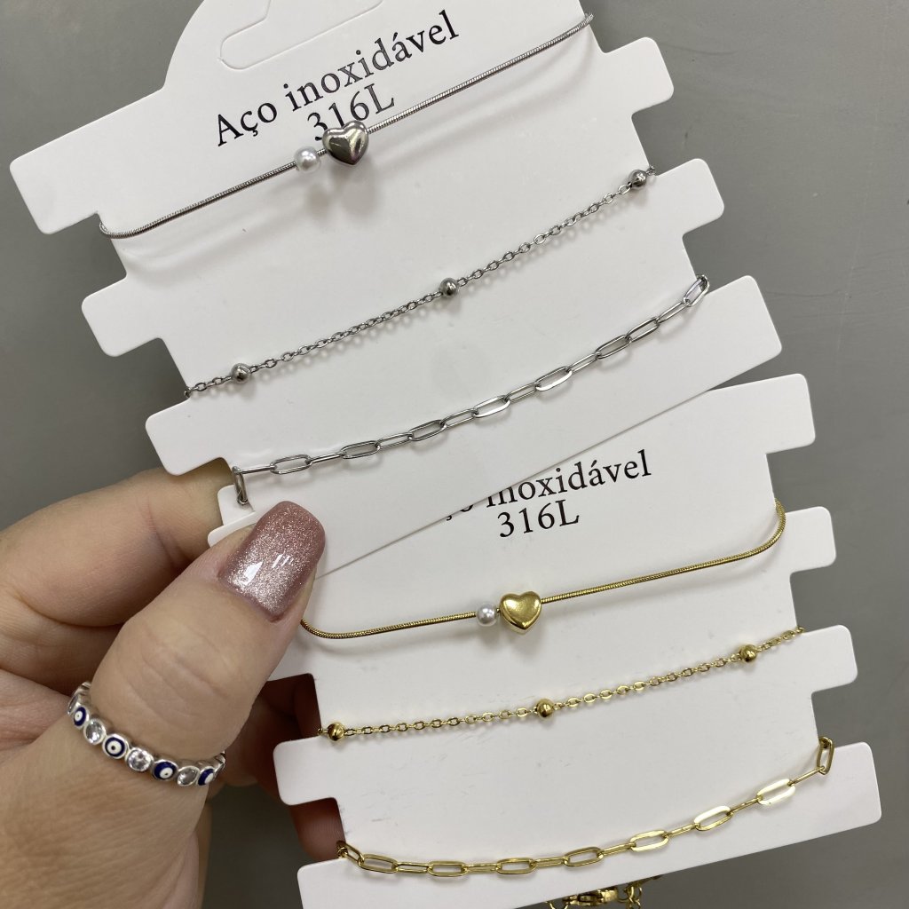Trio pulseira aço inox modelo coração, mini bolinha e mini pérola ✨