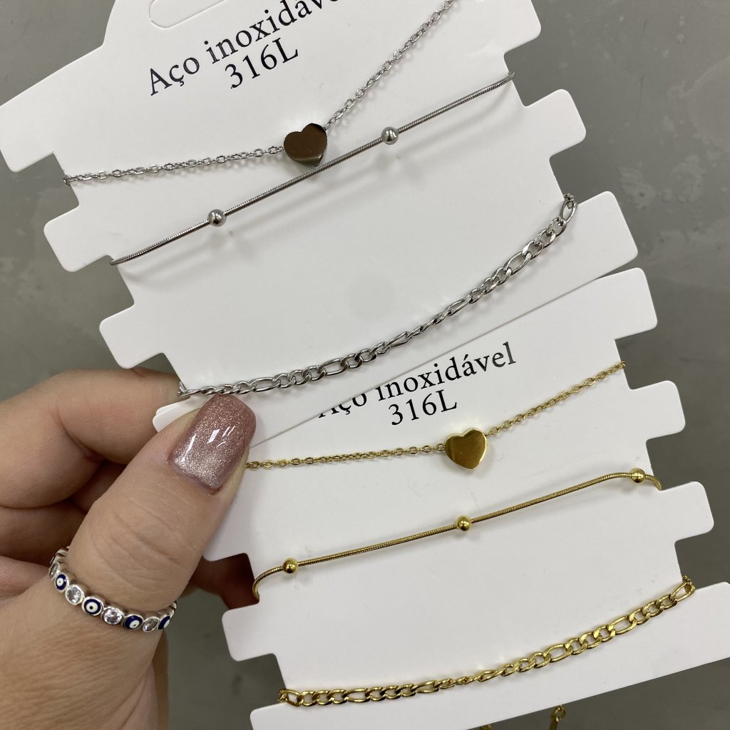 Trio pulseira aço inox modelo coração e mini bolinha ✨