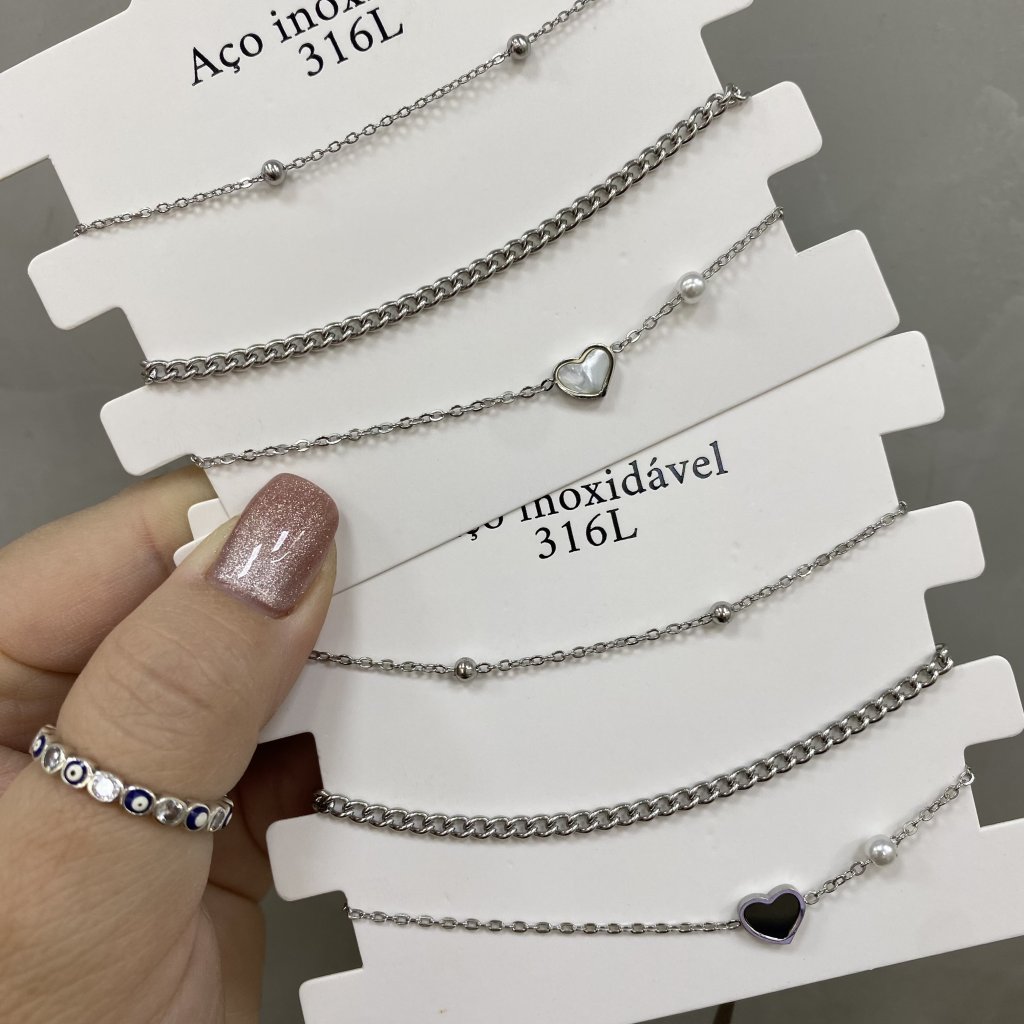 Trio pulseira aço inox Modelo coração e mini pérola 