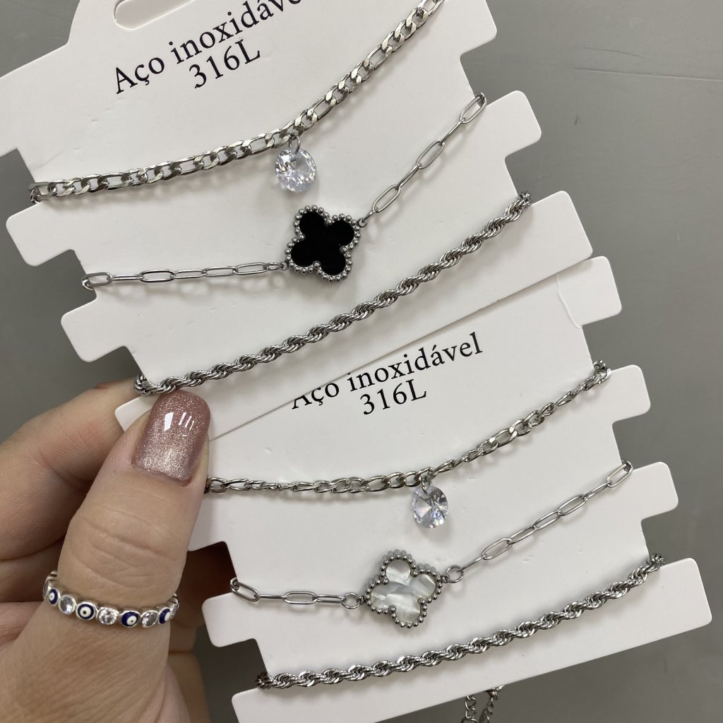 Trio pulseira aço inox Modelo flor da sorte e ponto de luz ✨