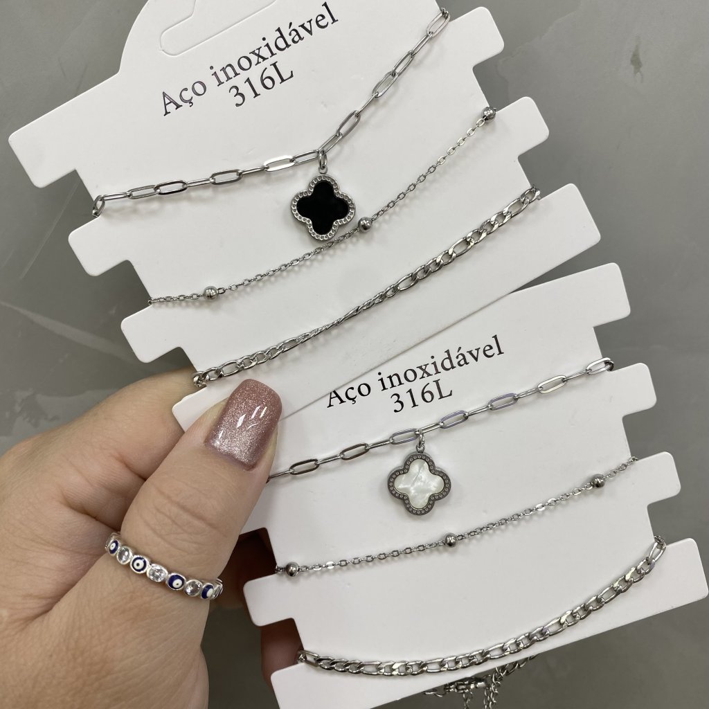 Trio pulseira aço inox Modelo flor da sorte pendurado e mini bolinha ✨