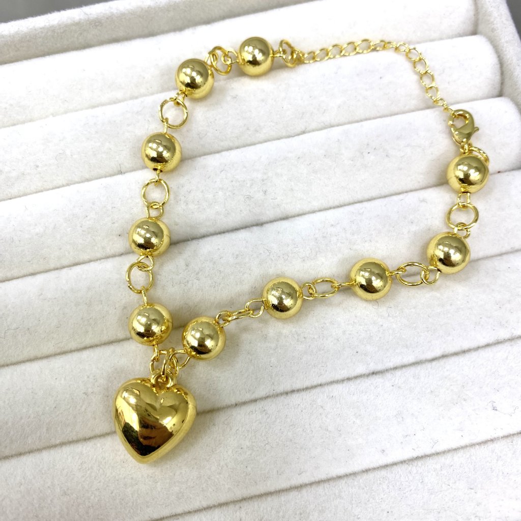 Pulseira Dourado folheado Modelo Bolinha e coração pendurado ✨