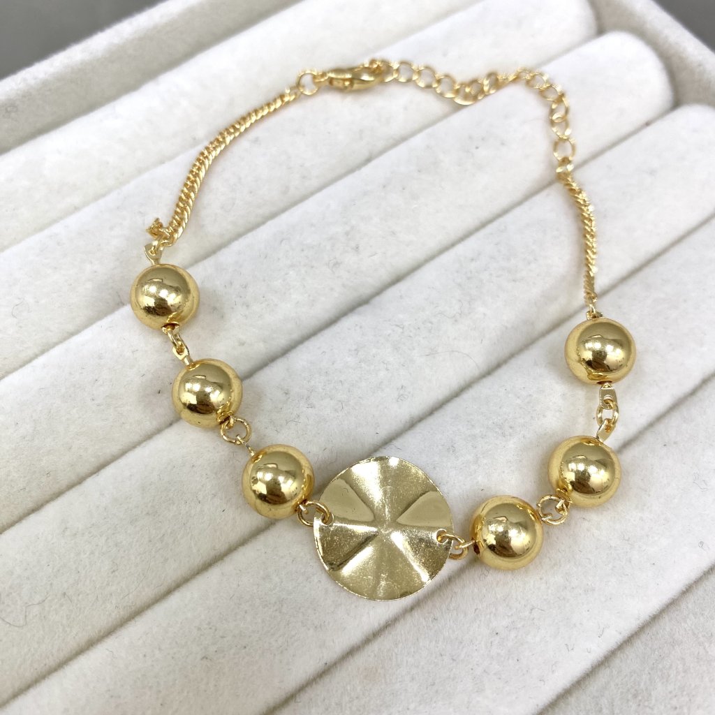 Pulseira dourado folheado Modelo bolinha e medalha detalhada ✨