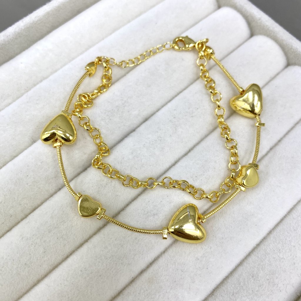 Pulseira duo Dourado folheado Modelo elos redondos e coração ✨