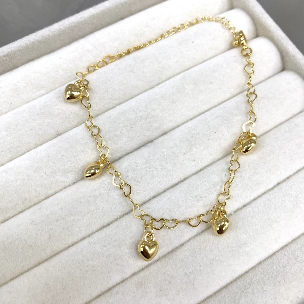 Pulseira dourado folheado Modelo elos coração e coração ✨