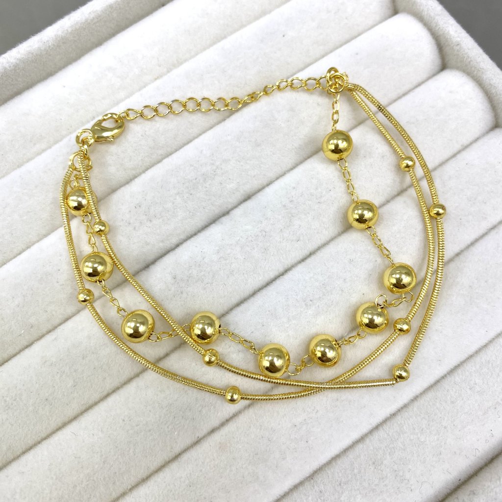 Pulseira trio dourado folheado fio mini bolinha e bolinha média ✨