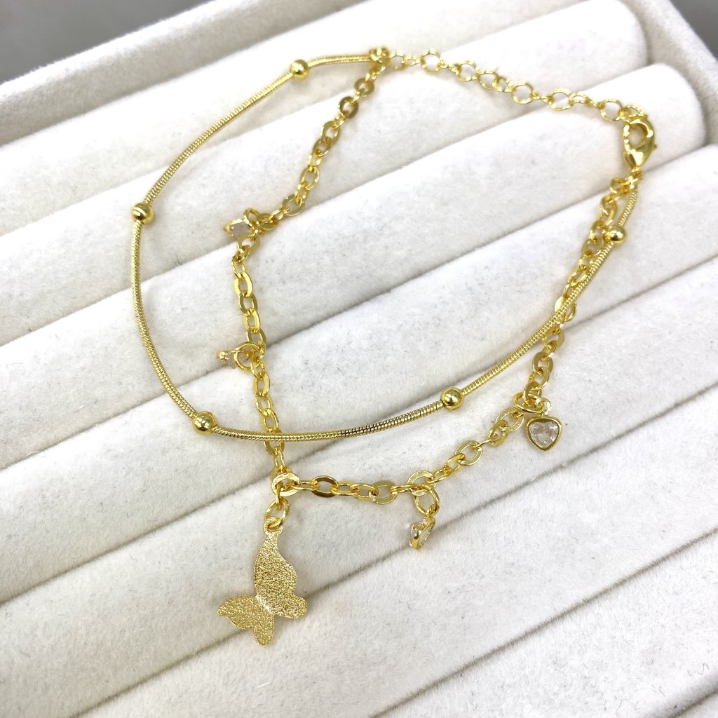 Pulseira duo dourado folheado Fio mini bolinha e borboleta 🦋 