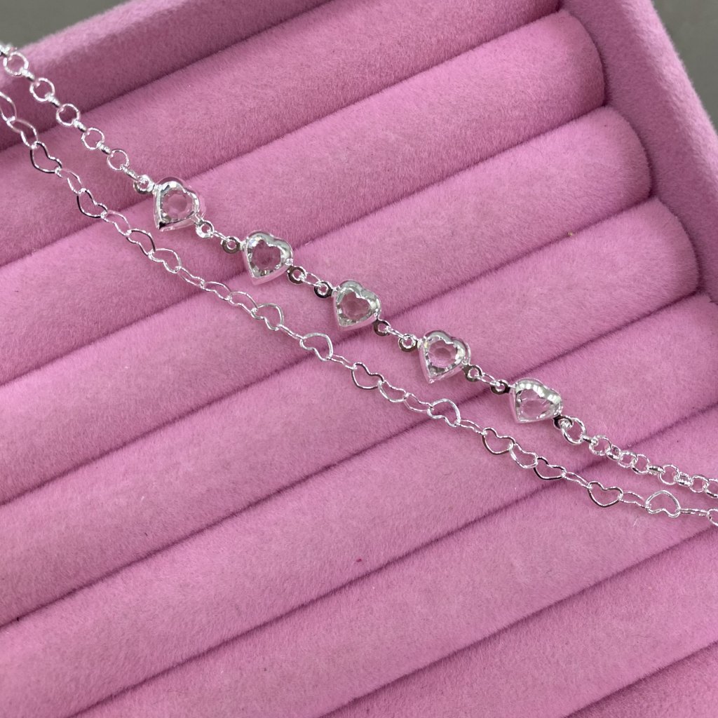Pulseira duo prata folheado fio coração e elos coração ✨