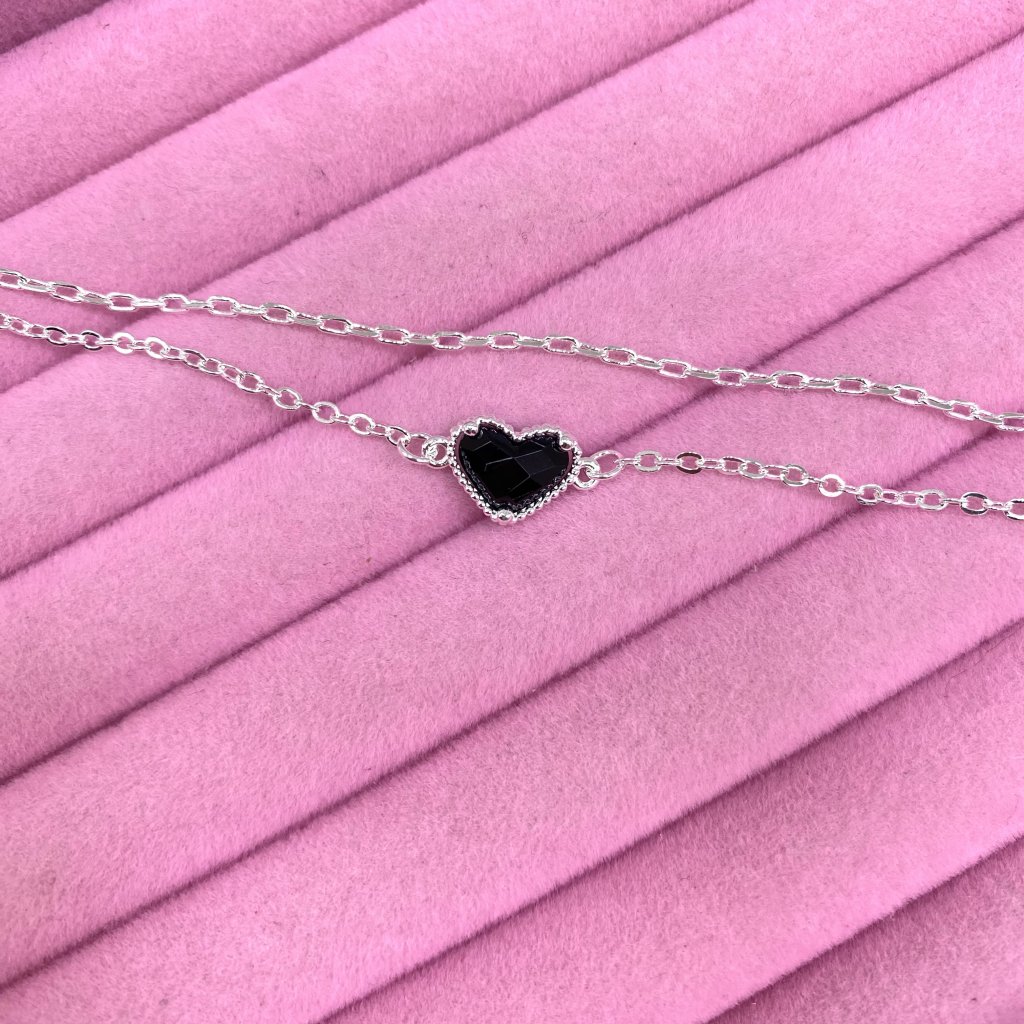 Pulseira duo prata folheada fio elos fino e coração preto 🖤 