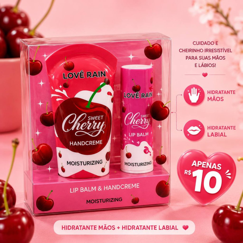 Kit hidratante para as mãos + Balm labial Cherry - Lové Rain 