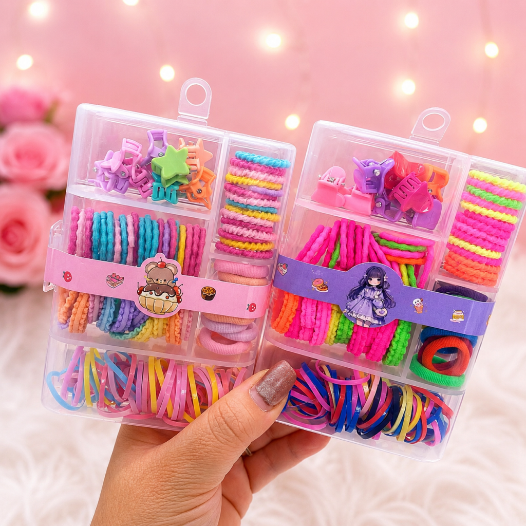 Kit elástico + mini presilha colorido infantil (caixinha transparente) ✨